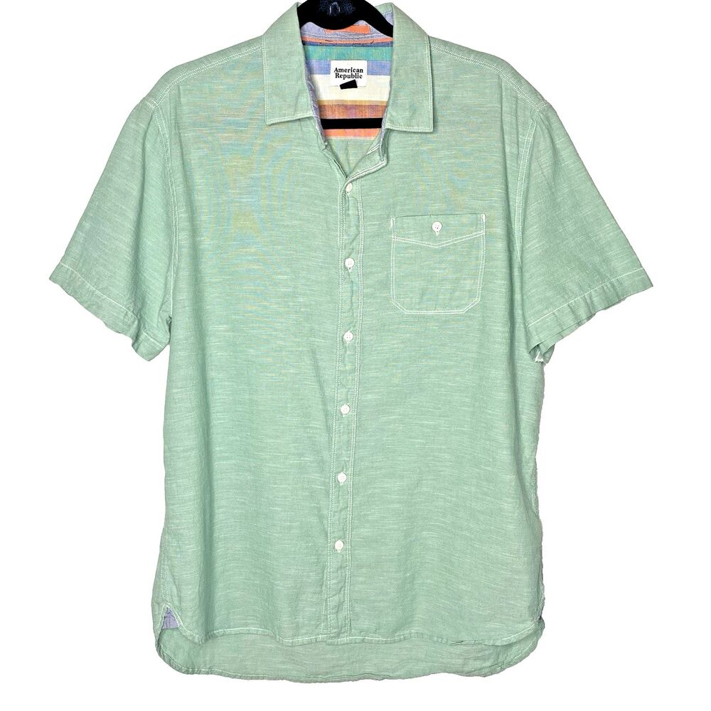 AMERICAN REPUBLIC Shirt Button Short Sleeve Lightweight 100% Cotton Mens L Green